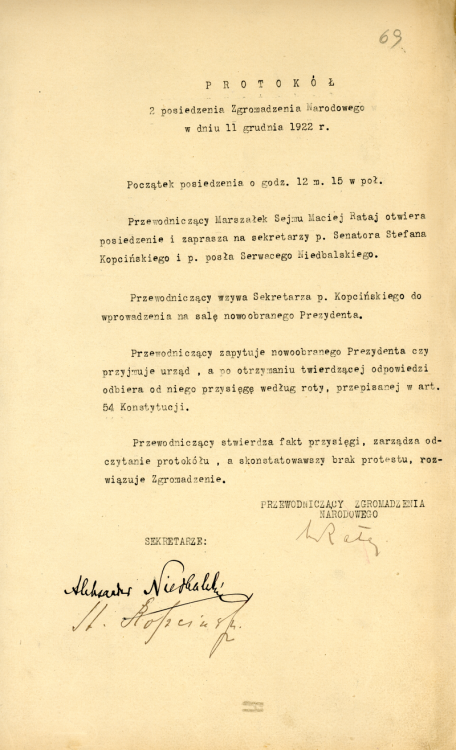 Protokół posiedzenia Zgromadzenia Narodowego z 11 grudnia 1922 roku powierzającego urząd Prezydenta Gabrielowi Narutowiczowi. Źródło: Wikimedia Commons