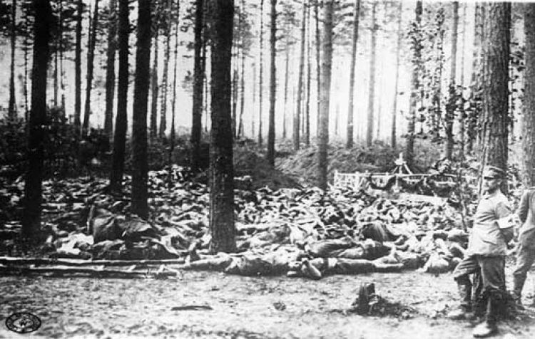 Zwłoki żołnierzy rosyjskich i niemieckich zebrane z pola walki pod Baranowiczami – październik 1916 r. Fot. CAW