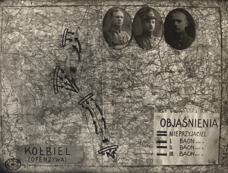 Mapa z naniesioną sytuacją bojową 55 Poznańskiego Pułku Piechoty. Ofensywa w rejonie Kołbieli, 16.08.1920.