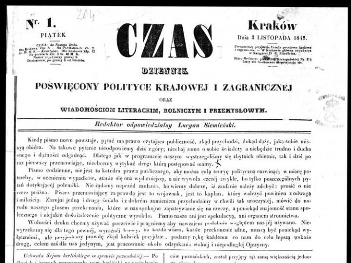 Strona tytułowa pierwszego numeru krakowskiego dziennika „Czas”, wydanego w piątek 3 listopada 1848 r. Źródło: Biblioteka Narodowa/Polona