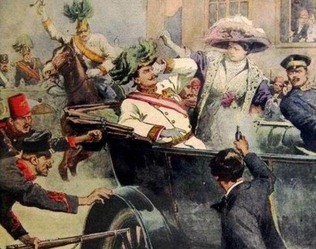 Zamach w Sarajewie. Gavrilo Princip strzela do pary książęcej. Źródło: Wikimedia Commons/Copertina della Domenica del Corriere Anno XVI n. 27 del 5-12.7.1914 illustrata da Achille Beltrame
