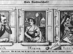 Karykatura z wiedeńskiego czasopisma "Kikeriki" z 24 lutego 1918 r., przedstawiająca "dobre sąsiedztwo" Austro-Węgier i Ukrainy oraz chaos w Rosji. Ze zbiorów dr. hab. P. Szlanty