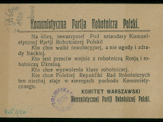 1920. Ulotka Komunistycznej Partii Robotniczej Polski. Źródło: Biblioteka Narodowa