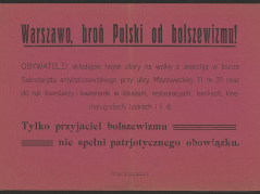 1920 r. Ulotka skierowana do mieszkańców Warszawy. Źródło: Biblioteka Narodowa