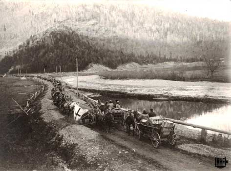 Transport rannych legionistów pod K&ouml;nigsfelden w Karpatach po bitwie pod Mołotkowem; 3 XI 1914