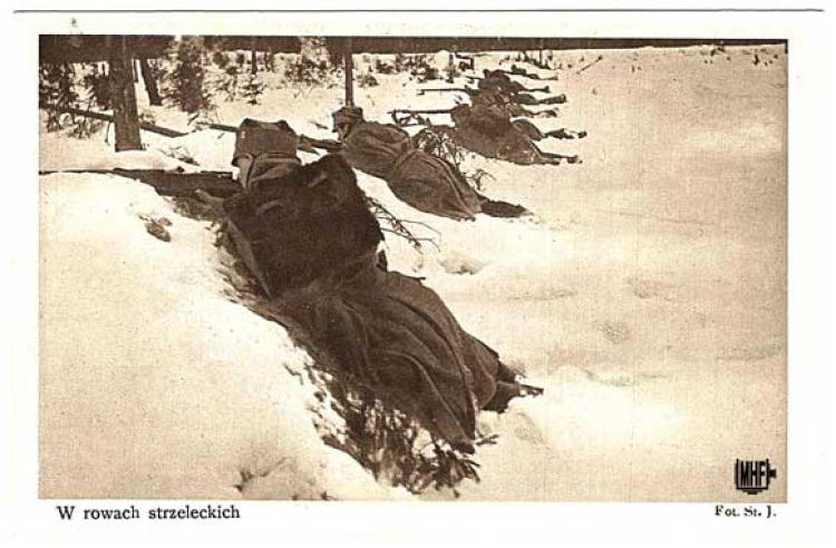 &#39;W rowach strzeleckich&#39;, II Brygada w Karpatach, kartka pocztowa na podstawie fotografii Stanisława Janowskiego, Kraków; 1915