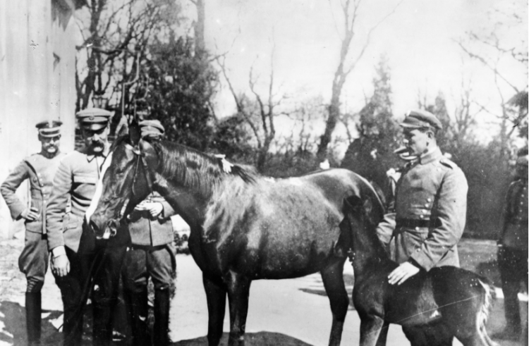 Naczelnik Państwa Józef Piłsudski z Kasztanką i źrebakiem, 1919. Źródło: NAC