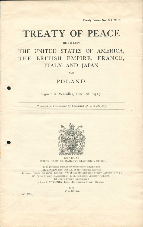Treść Traktatu Pokojowego między pięcioma głównymi stronami a Polską, 28.06.1919 r.; AAN, Ambasada RP w Paryżu, sygn. 100.