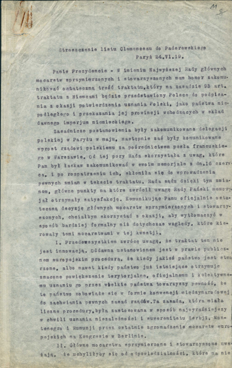 Streszczenie listu Georgesa Clemenceau do Ignacego Jana Paderewskiego, 24.06.1919 r.; AAN, Kancelaria Cywilna Naczelnika Państwa, sygn. 7.