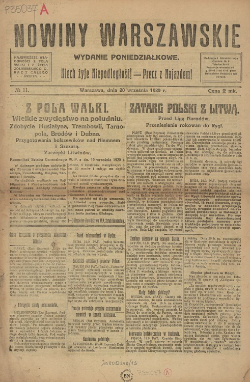 Wydanie „Nowin Warszawskich” z 20 września 1920 r. Źródło: Biblioteka Narodowa