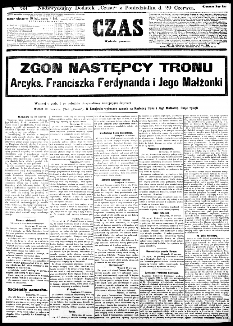 Strona tytułowa krakowskiego "Czasu" z 29 czerwca 1914 r. Źródło: BN Polona.