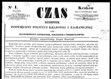 Fragment strony tytułowej pierwszego numeru krakowskiego dziennika „Czas”, wydanego w piątek 3 listopada 1848 r. Źródło: Biblioteka Narodowa/Polona