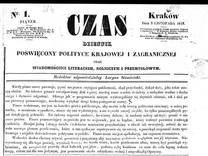 Fragment strony tytułowej pierwszego numeru krakowskiego dziennika „Czas”, wydanego w piątek 3 listopada 1848 r. Źródło: Biblioteka Narodowa/Polona