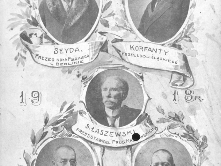 Grupa polskich posłów do parlamentu w Berlinie. Widoczni: Władysław Seyda, Wojciech Korfanty, Stefan Łaszewski, Zygmunt Zakrzewski, Stanisław Nowicki. Tableau z 1918 r. Źródło: Narodowe Archiwum Cyfrowe.